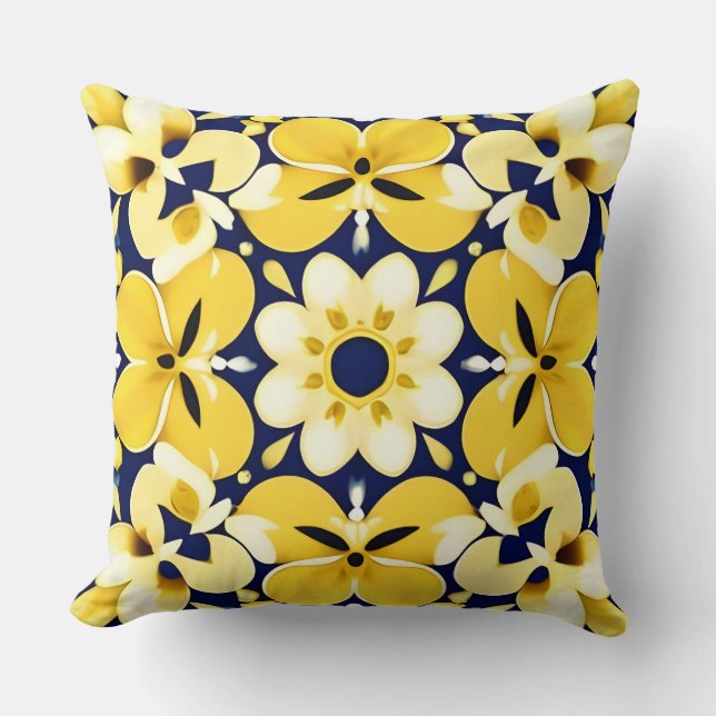 Yellow and Blue Floral Pattern Throw Pillow (Front)