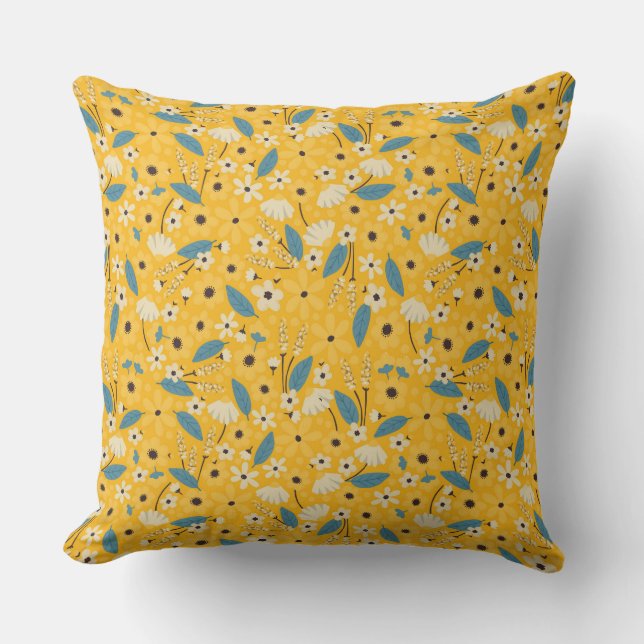 Yellow and Blue Floral throw pillow, Floral Accent Throw Pillow (Front)