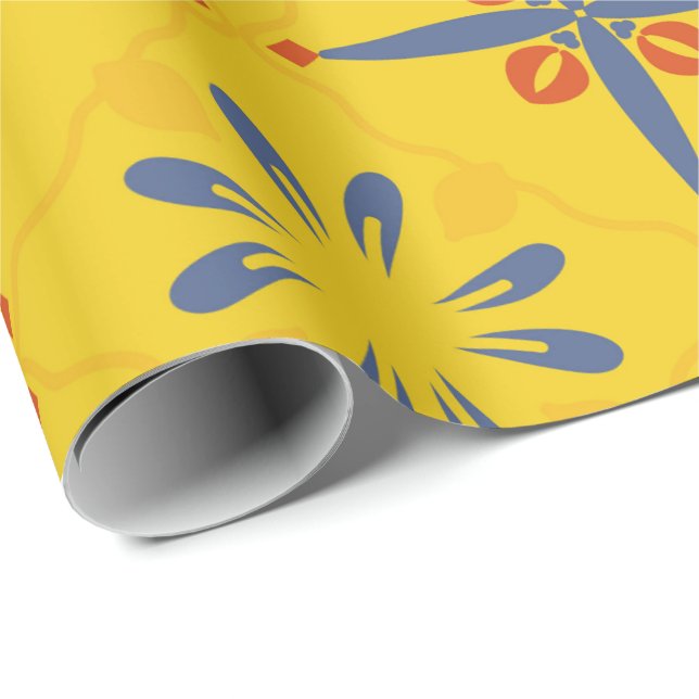 Yellow and blue floral tile pattern with symmetric wrapping paper (Roll Corner)