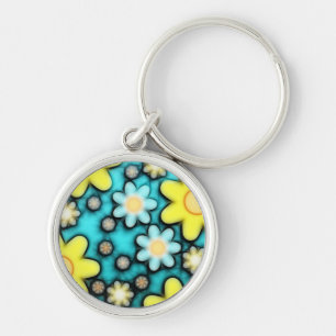 Yellow and Blue Flower Power Art Keychain