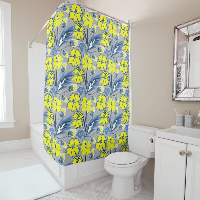 Yellow and blue flowers with sparkles. shower curt (In Situ)