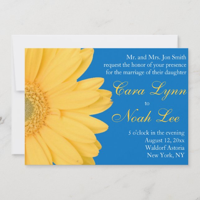 Yellow and Blue Gerber Daisy Wedding Invitation (Front)