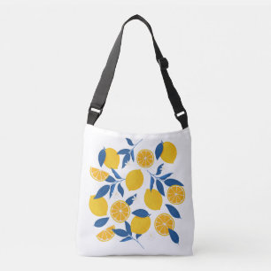 Yellow and Blue Illustrated Lemon Pattern Crossbody Bag
