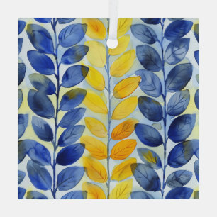 Yellow and Blue Leaves Glass Ornament