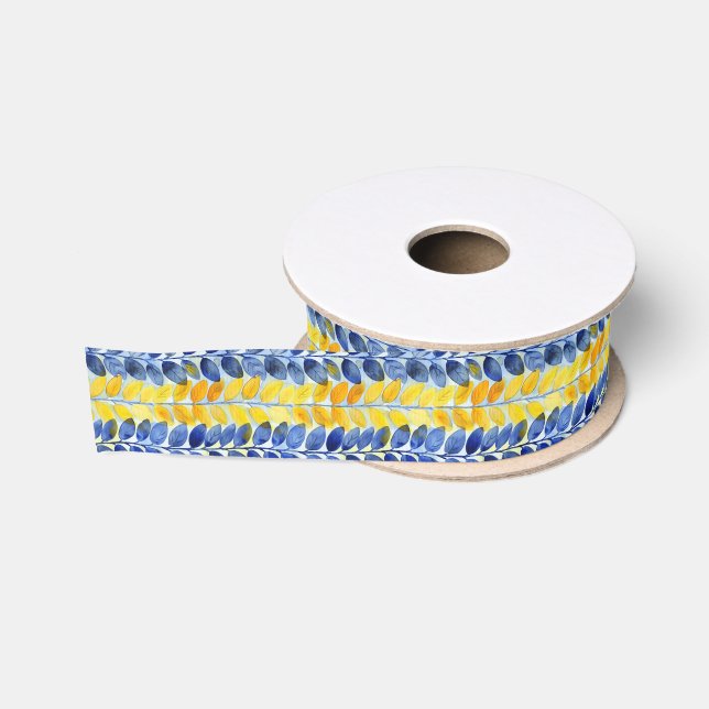 Yellow and Blue Leaves Grosgrain Ribbon (Spool)