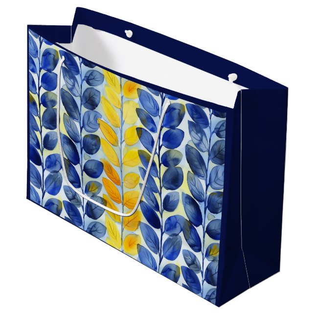 Yellow and Blue Leaves Large Gift Bag (Front Angled)