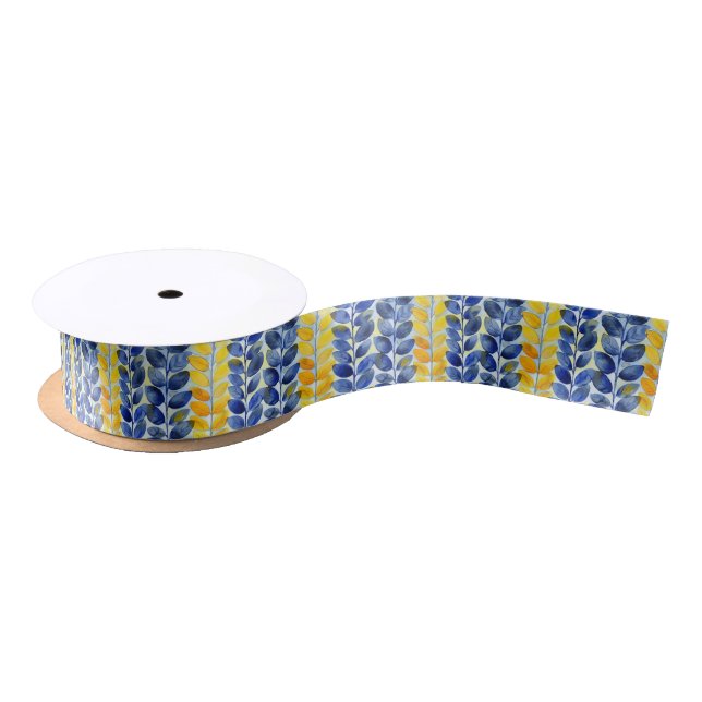 Yellow and Blue Leaves Satin Ribbon (Spool)