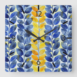 Yellow and Blue Leaves Square Wall Clock