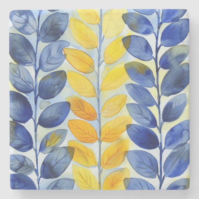 Yellow and Blue Leaves Stone Coaster (Front)