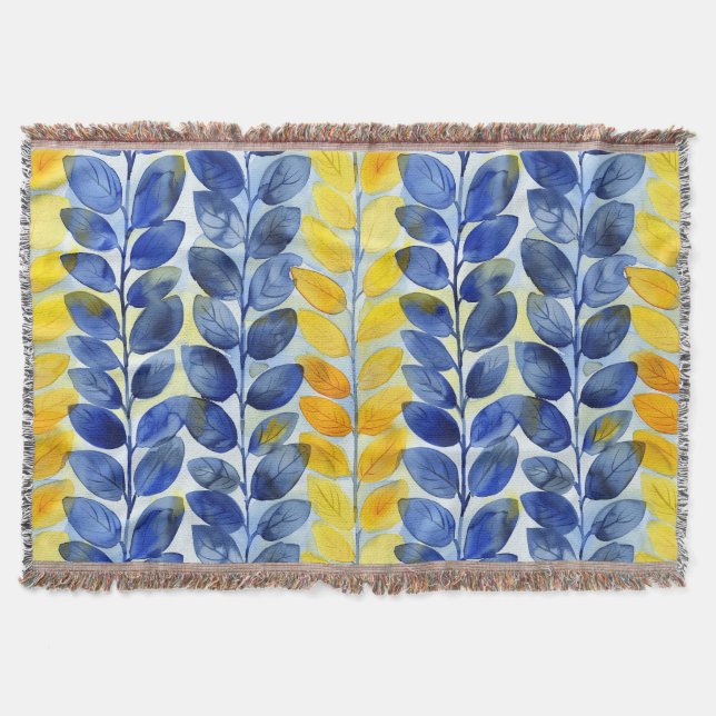 Yellow and Blue Leaves Throw Blanket (Front)