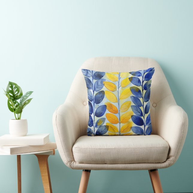 Yellow and Blue Leaves Throw Pillow (Chair)