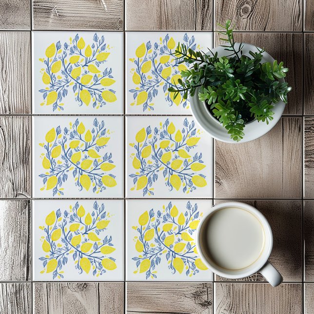 Yellow and blue lemon vines tile (Yellow and Blue Lemon Vines, bright mediterranean style tile)