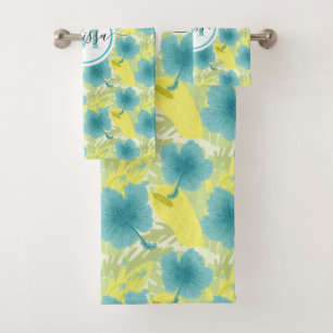 yellow and blue monogram floral bath towel set