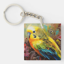 Yellow and Blue Parakeet with Paisley and Flowers