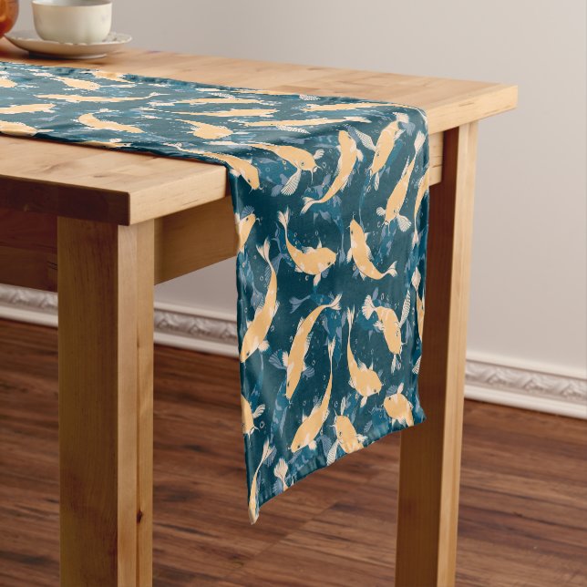 Yellow and Blue Pattern - Koi Fish Short Table Runner (In Situ)