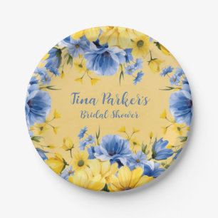 Yellow and Blue Peony Floral Bridal Shower Paper Plate