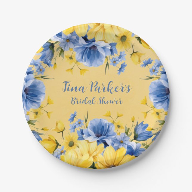 Yellow and Blue Peony Floral Bridal Shower Paper Plate (Front)