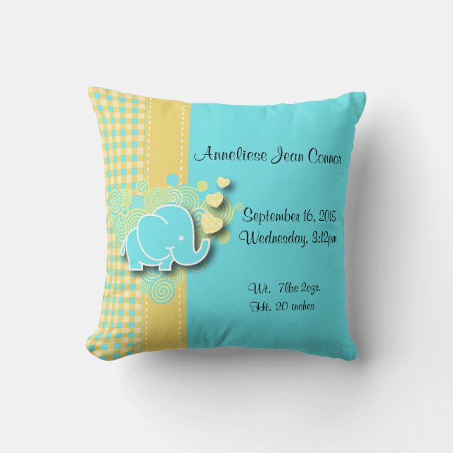 Yellow and Blue Plaid Baby Elephant Nursery Theme Throw Pillow (Front)