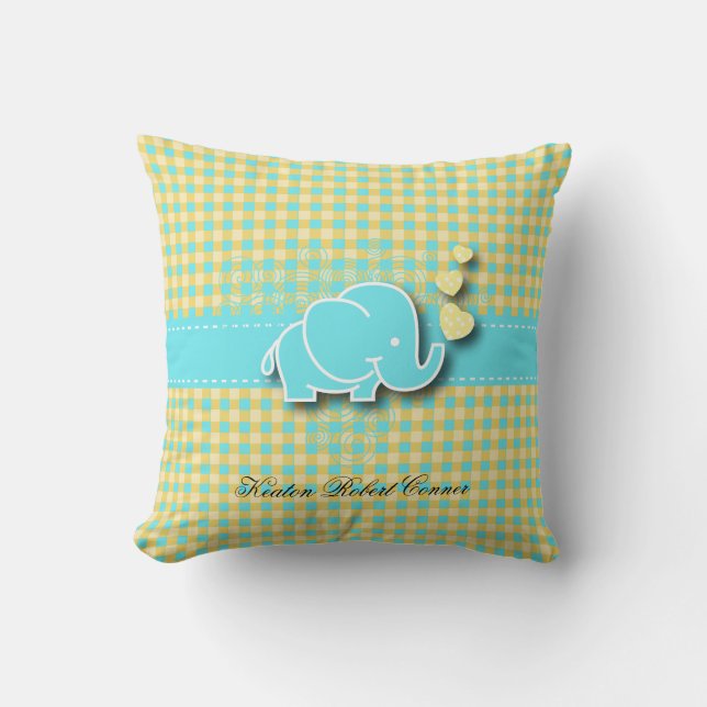 Yellow and Blue Plaid Baby Elephant Throw Pillow (Front)