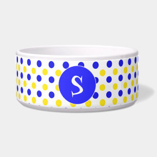 Yellow and Blue Polka Dots Monogrammed Pet Bowl