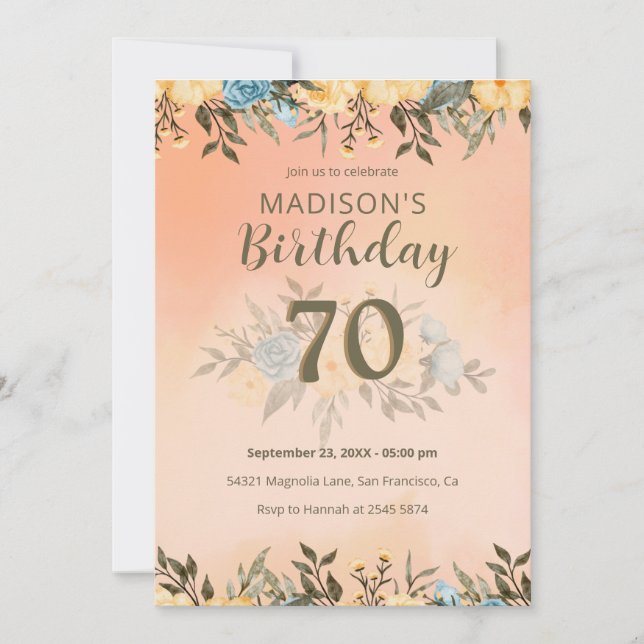 Yellow And Blue Roses Birthday Invitation (Front)