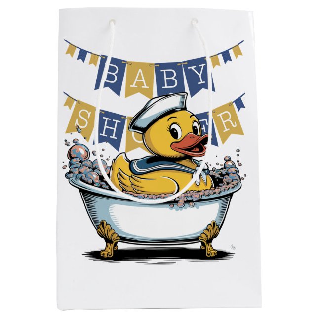 Yellow and Blue Rubber Duck Boy Baby Shower Medium Gift Bag (Front)
