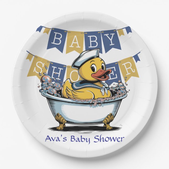 Yellow and Blue Rubber Duck Boy Baby Shower Paper Plate (Front)