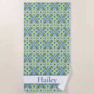Yellow and Blue Spanish Tiles Beach Towel