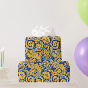 Yellow and Blue Starry Night Mosaic Glass Pattern Wrapping Paper