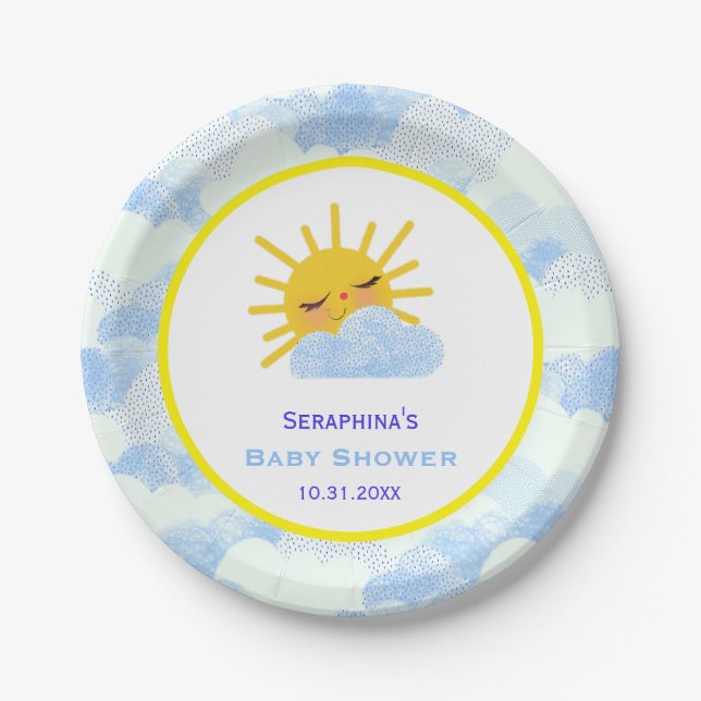 Yellow And Blue Sunshine Clouds Baby Shower Paper Plate (Front)