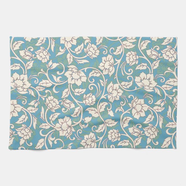 Yellow and Blue Swirling Flowers Kitchen Towel (Horizontal)