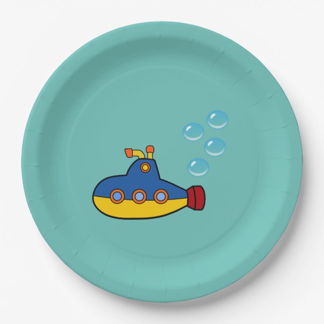 Yellow and Blue Toy Submarine with Water Bubbles Paper Plate (Front)