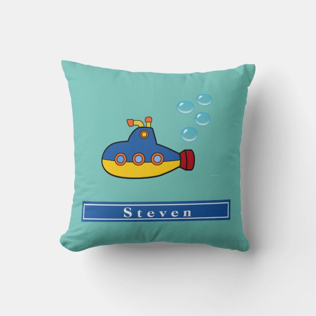 Yellow and Blue Toy Submarine with Water Bubbles Throw Pillow (Front)