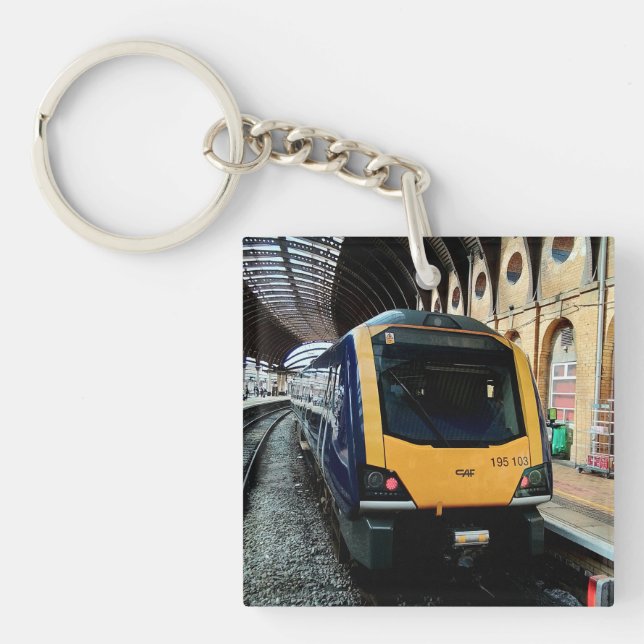 Yellow and blue train , at York station Keychain (Front)