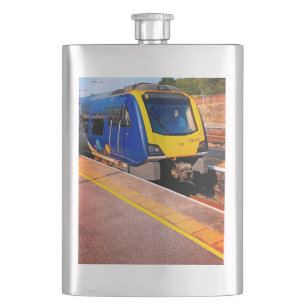 Yellow and blue train hip flask