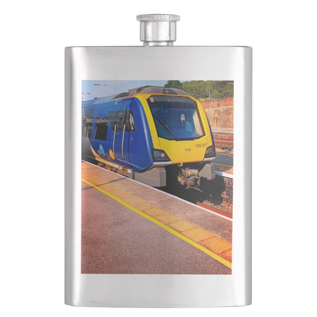 Yellow and blue train hip flask (Front)