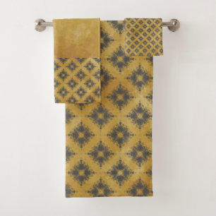Yellow and Bronze Diamond Burst Pattern Bath Towel Set
