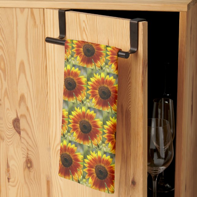 Yellow and Bronze Sunflower Floral Pattern Kitchen Towel (Thirds Fold)