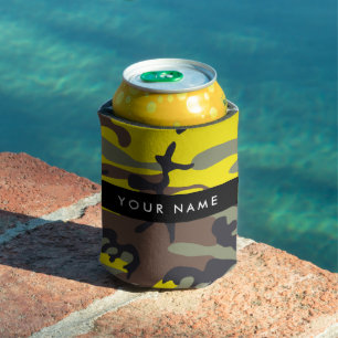 Yellow and Brown Camouflage Your name Personalize Can Cooler