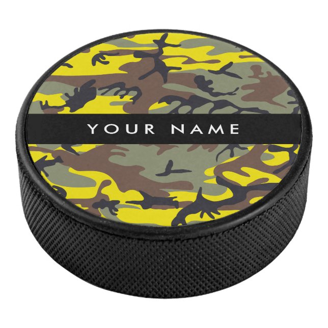 Yellow and Brown Camouflage Your name Personalize Hockey Puck (3/4)
