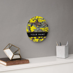 Yellow and Brown Camouflage Your name Personalize Round Clock