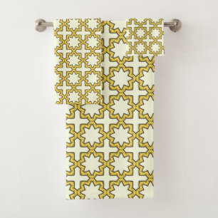 Yellow and brown geometric patterned  bath towel set