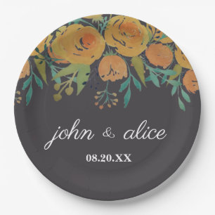 Yellow and Brown Peonies and Roses Wedding Paper Plate