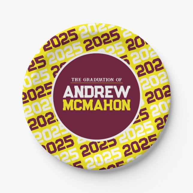 Yellow and Burgundy Personalized Graduation Paper Plate (Front)