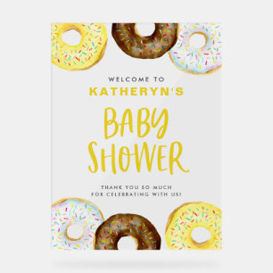 Yellow and Chocolate Doughnuts Baby Shower Welcome Acrylic Sign
