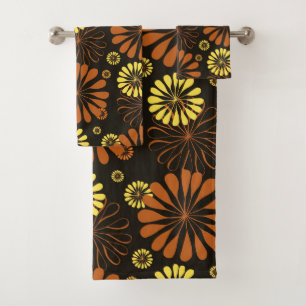 Yellow and Copper Retro Floral Print on Brown  Bath Towel Set
