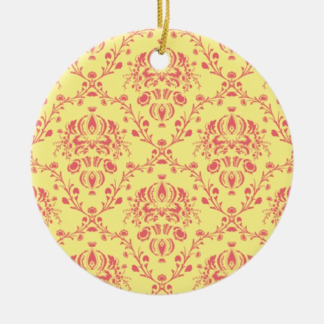 Yellow and Cranberry Pink Damask Ceramic Ornament (Front)
