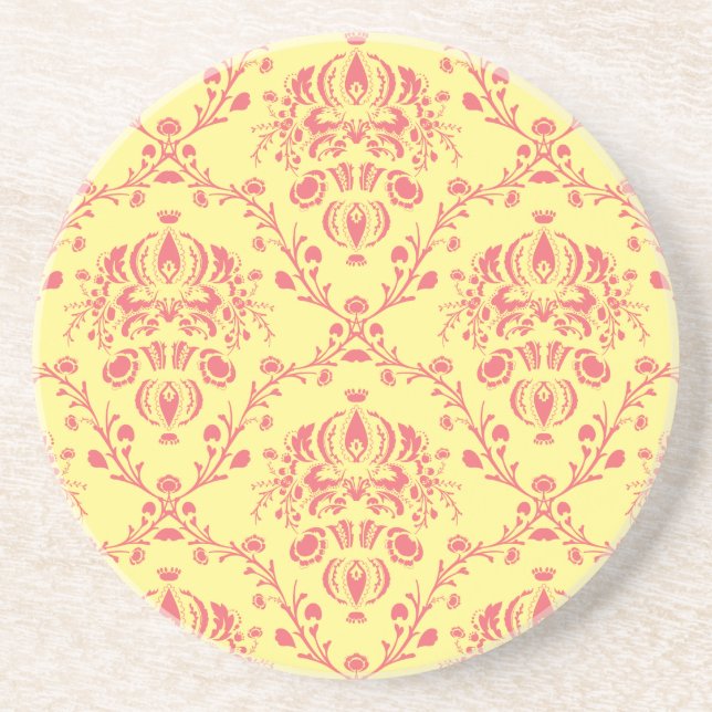 Yellow and Cranberry Pink Damask Coaster (Front)
