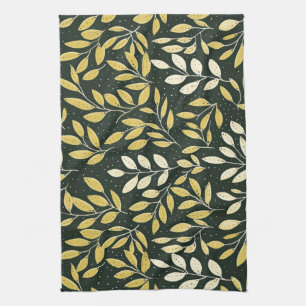 Yellow and Cream Leafy Branches Pattern  Kitchen Towel