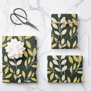 Yellow and Cream Leafy Branches Pattern Wrapping Paper Sheet